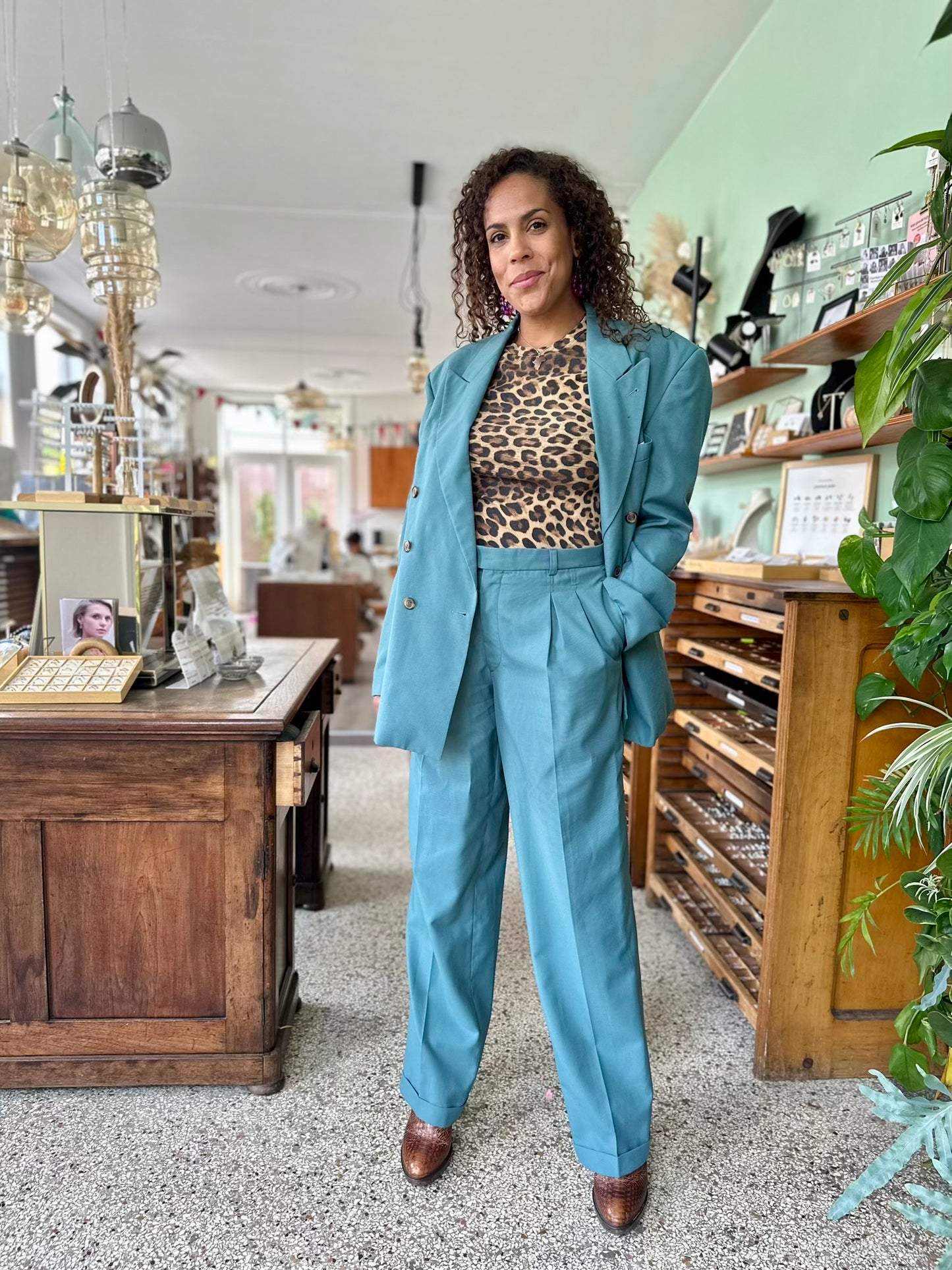 retro jasje en vintage stijl pantalon in kleur zeegroen of petrol